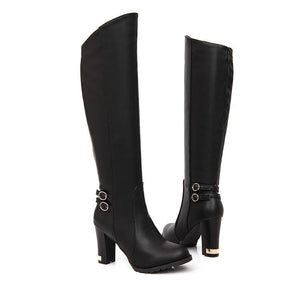 Women's chunky high heeled knee high boots elegant buckle strap zipper boots