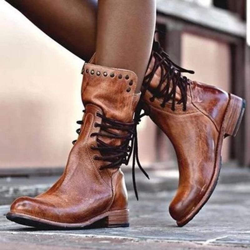 Retro mid calf boots low heeled round toe women's motorcycle boots