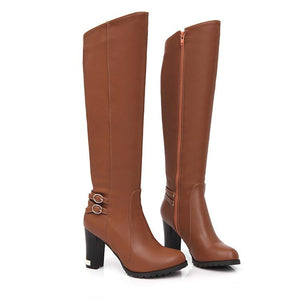 Women's chunky high heeled knee high boots elegant buckle strap zipper boots