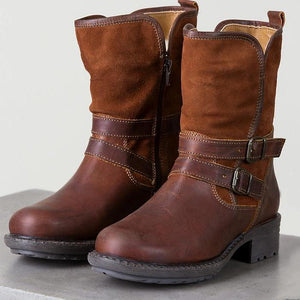 Women chunky heel short buckle strap brown boots