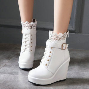 Women lace flower lace up platform wedge heeled booties