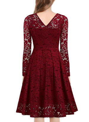 Long sleeves v neck lace dress A line flare mini dress | Fall winter evening gowns party dress