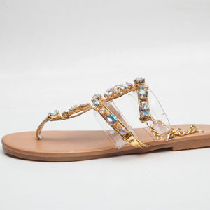 Women's boho rhinestone crystal flat clip toe gladiator sandals