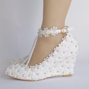 White imitation pearls wedge wedding heels pearls chain ankle buckle strap bridal shoes
