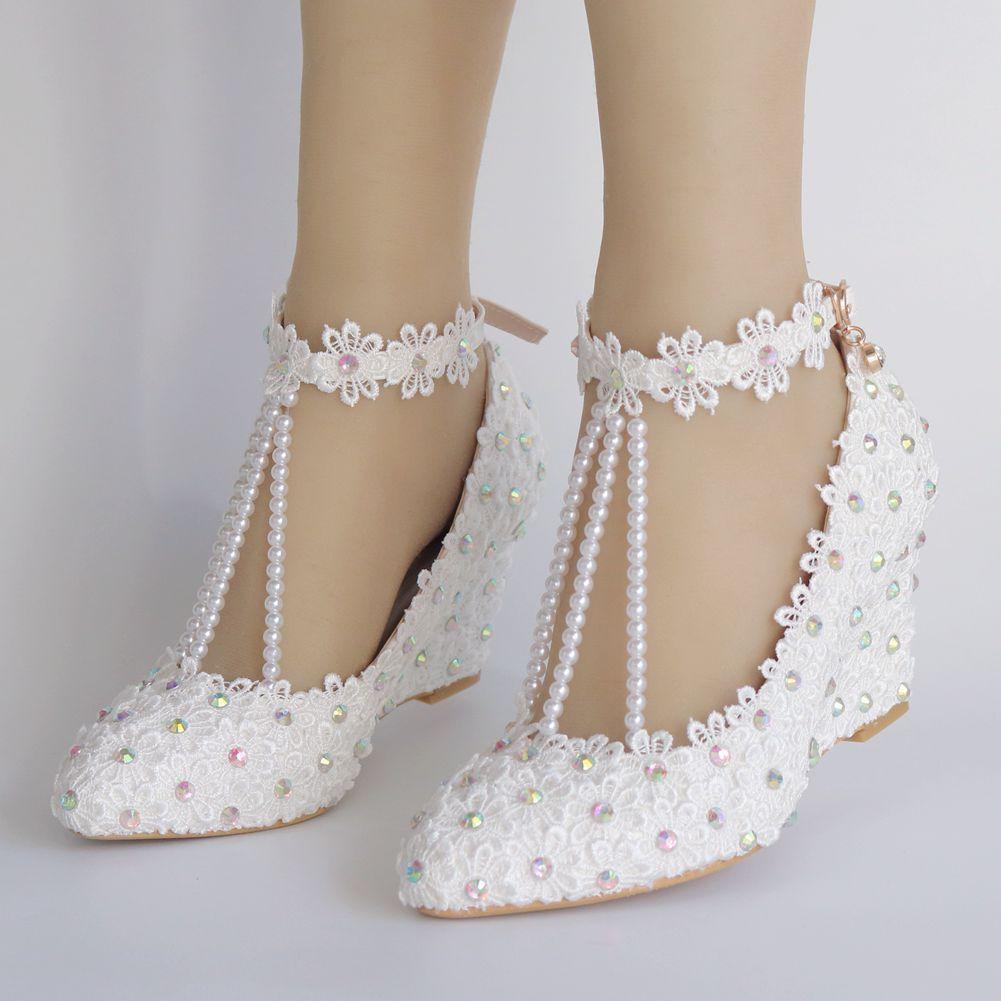 White imitation pearls wedge wedding heels pearls chain ankle buckle strap bridal shoes