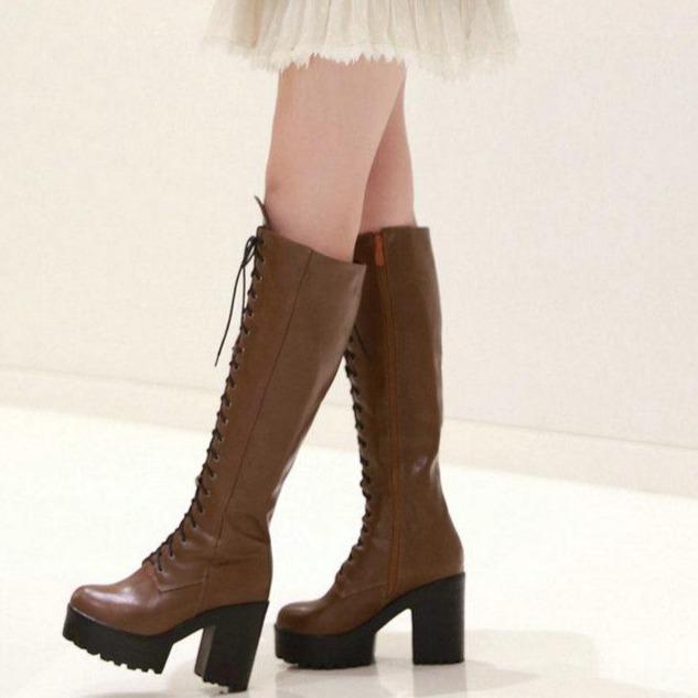 Women chunky heel platform motorcycle lace up knee high boots