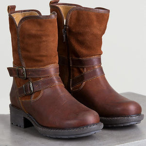 Women chunky heel short buckle strap brown boots