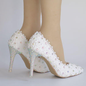 Elegant white floral lace rhinestone wedding stiletto heels