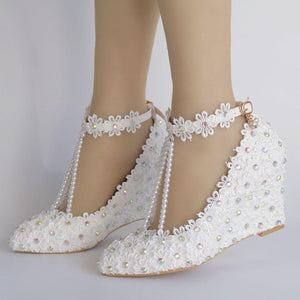 White imitation pearls wedge wedding heels pearls chain ankle buckle ...