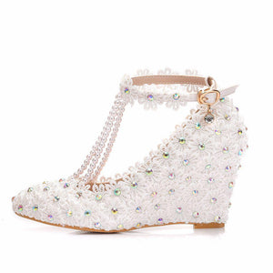White imitation pearls wedge wedding heels pearls chain ankle buckle strap bridal shoes
