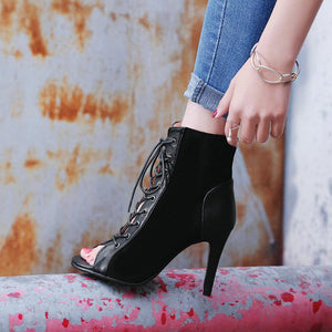 Women peep toe lace up stiletto high heel boots