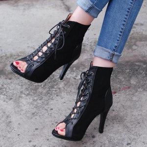 Women peep toe lace up stiletto high heel boots