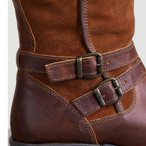 Women chunky heel short buckle strap brown boots