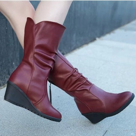 Women mid calf boots side zipper slouch wedge boots round toe