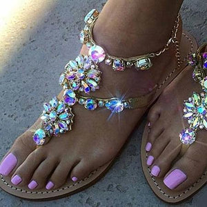 Women's boho rhinestone crystal flat clip toe gladiator sandals