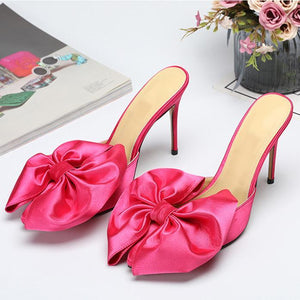 Women summer flower pointed toe stiletto slide bow heels