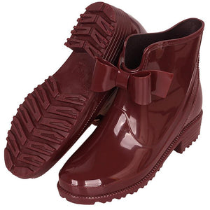 Women Solid Color Bowknot Waterproof Antiskid Platform Short Ankle Rain Boots