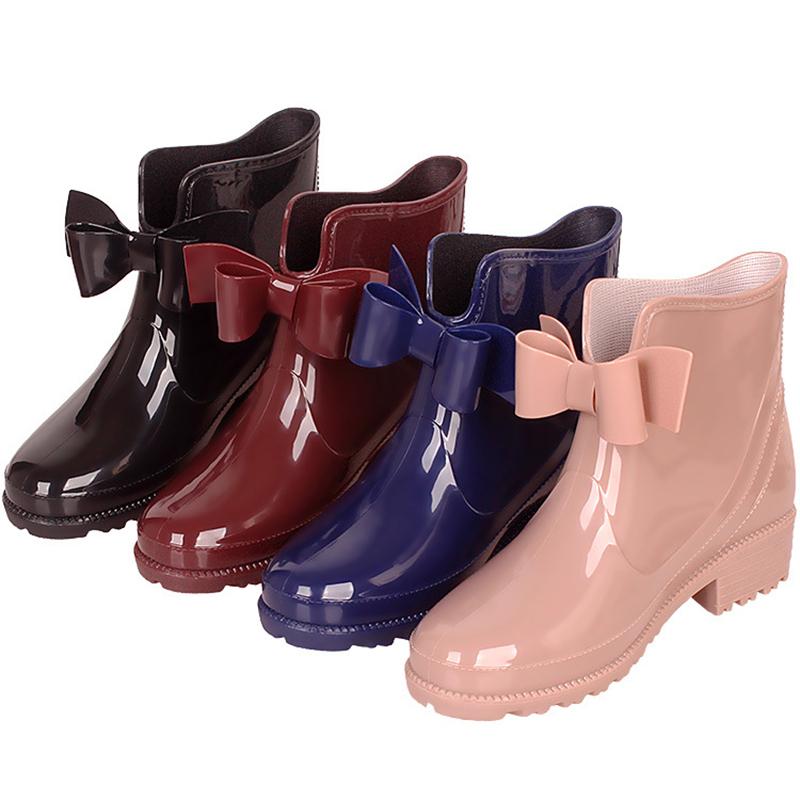 Women Solid Color Bowknot Waterproof Antiskid Platform Short Ankle Rain Boots