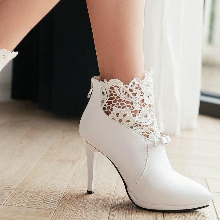 Women lace flower stiletto high heel back zipper ankle boots