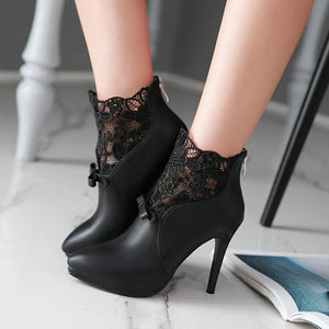Women lace flower stiletto high heel back zipper ankle boots