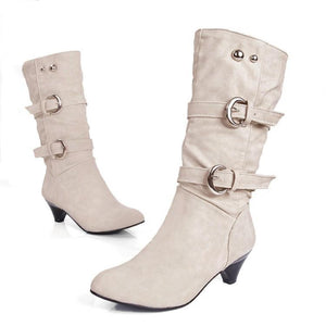 Women chunky heel buckle strap slip on mid calf boots