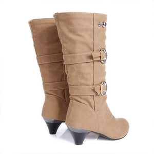 Women chunky heel buckle strap slip on mid calf boots