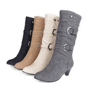 Women chunky heel buckle strap slip on mid calf boots