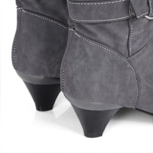 Women chunky heel buckle strap slip on mid calf boots