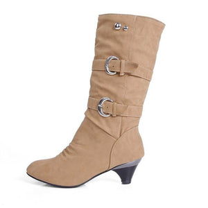 Women chunky heel buckle strap slip on mid calf boots