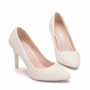 White imitation pearls wedding stiletto heels 3.5"