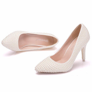 White imitation pearls wedding stiletto heels 3.5"