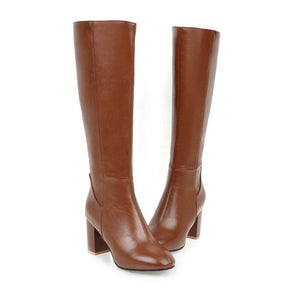 Women solid color side zipper chunky heel knee high boots