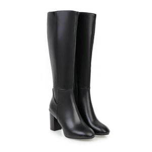 Women solid color side zipper chunky heel knee high boots