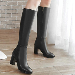 Women solid color side zipper chunky heel knee high boots