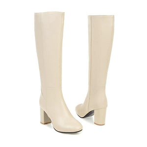 Women solid color side zipper chunky heel knee high boots