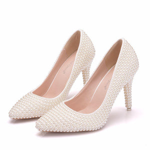 White imitation pearls wedding stiletto heels 3.5"