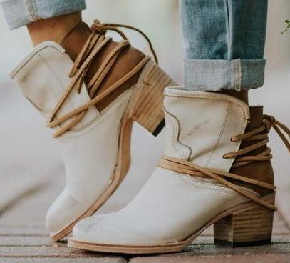 Retro ankle boots mid high block heel wide calf ankle boots
