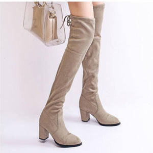 Women comfortable keep warm chunky heel back lace up over the knee boots