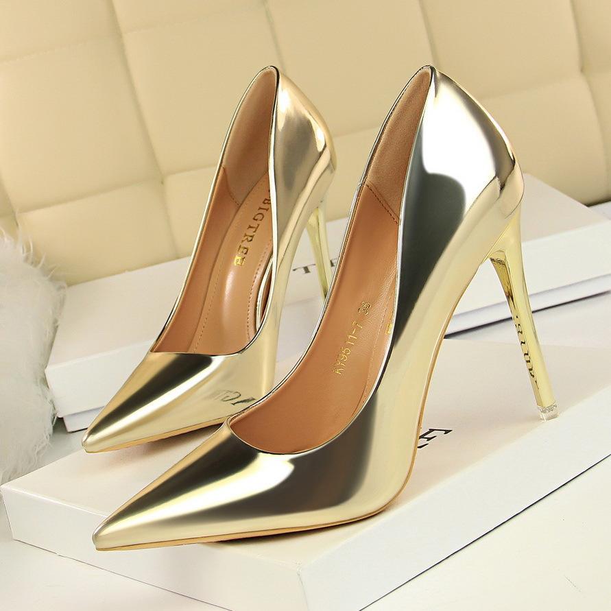 Women sexy champagne patent leather pointed toe high heel stilettos