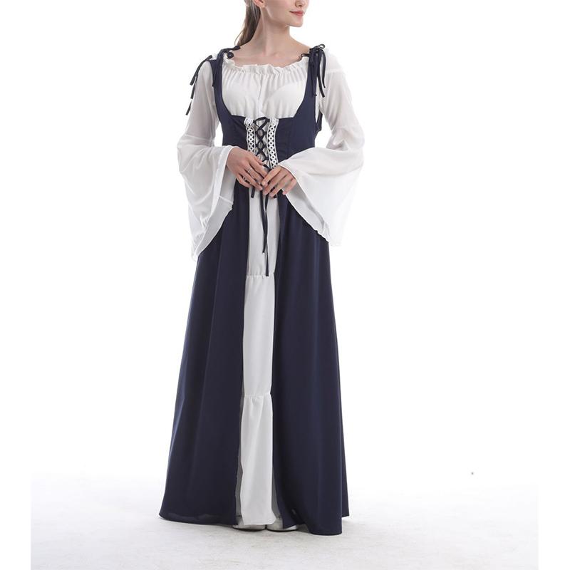 Female's Vintage Medieval Trumpet Sleeves Square Neck Large Swing Long Dress | Renaissance Evening Gowns