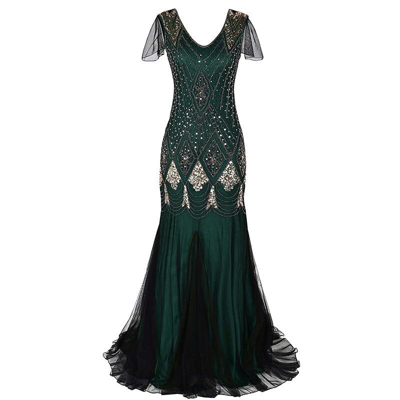 1920s Vintage sequins lace patchwork premium evening gowns bridesmaid party prom maxi dress evening gown
