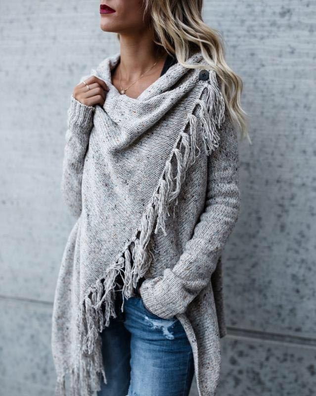 Women's cross wrap tassels long sleeve sweater fashion cowl neck sweater