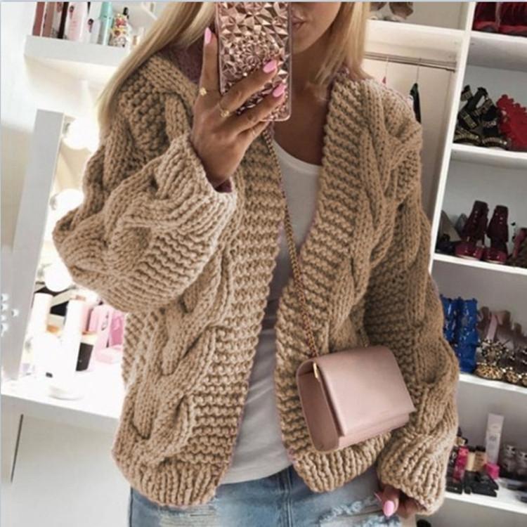 Women hooded knitted long sleeve chunky short cardigan