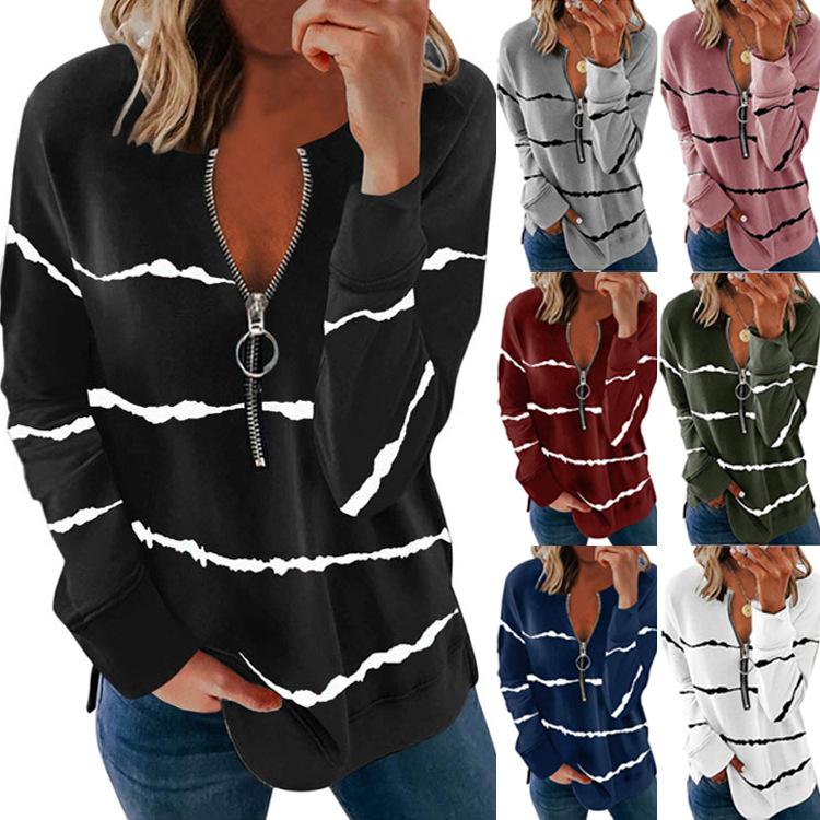 Women zipper v neck long sleeve striped t shirt
