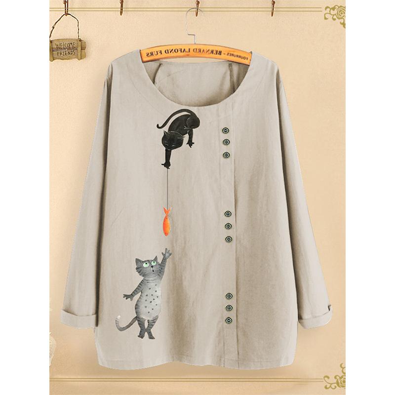 Women solid color crew neck button up long sleeve cat t shirt