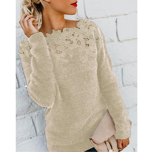 Women lace flower hollow solid color pullover sweater