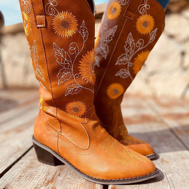 Women's ethnic floral embroidered cowboy boots mid calf pointed toe western boots