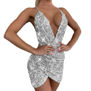Sexy sqeuins shining  open back paghetti strap mini dress | Nightclub party bodycon cami dress