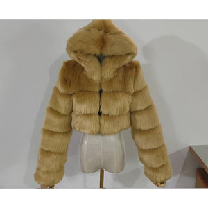 Women cropped hooded solid color long sleeve faux fur coat