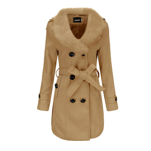 Women faux fur collar long sleeve waist strap double breasted coat